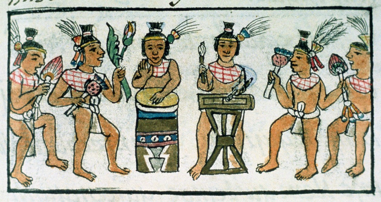 rouva Palat. 218-220 Kirja IX Atsteekkien muusikoita keski-Meksikon atsteekkien käsityöstä, Bernardino de Sahagunin "Florentine Codex" -kirjasta, n. 1540-85 tekijältä Spanish School