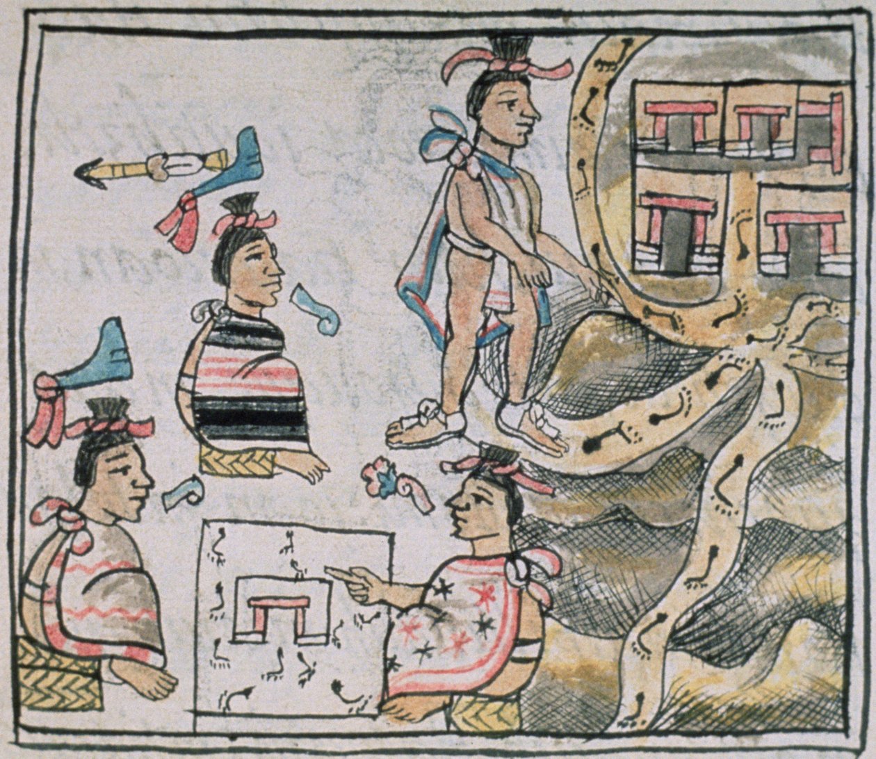 rouva Palat. 218-220 Kirja IX Atsteekit neuvovat ja seuraavat karttaa Bernardino de Sahagunin "Florentinan koodeksista", n. 1540-85 tekijältä Spanish School