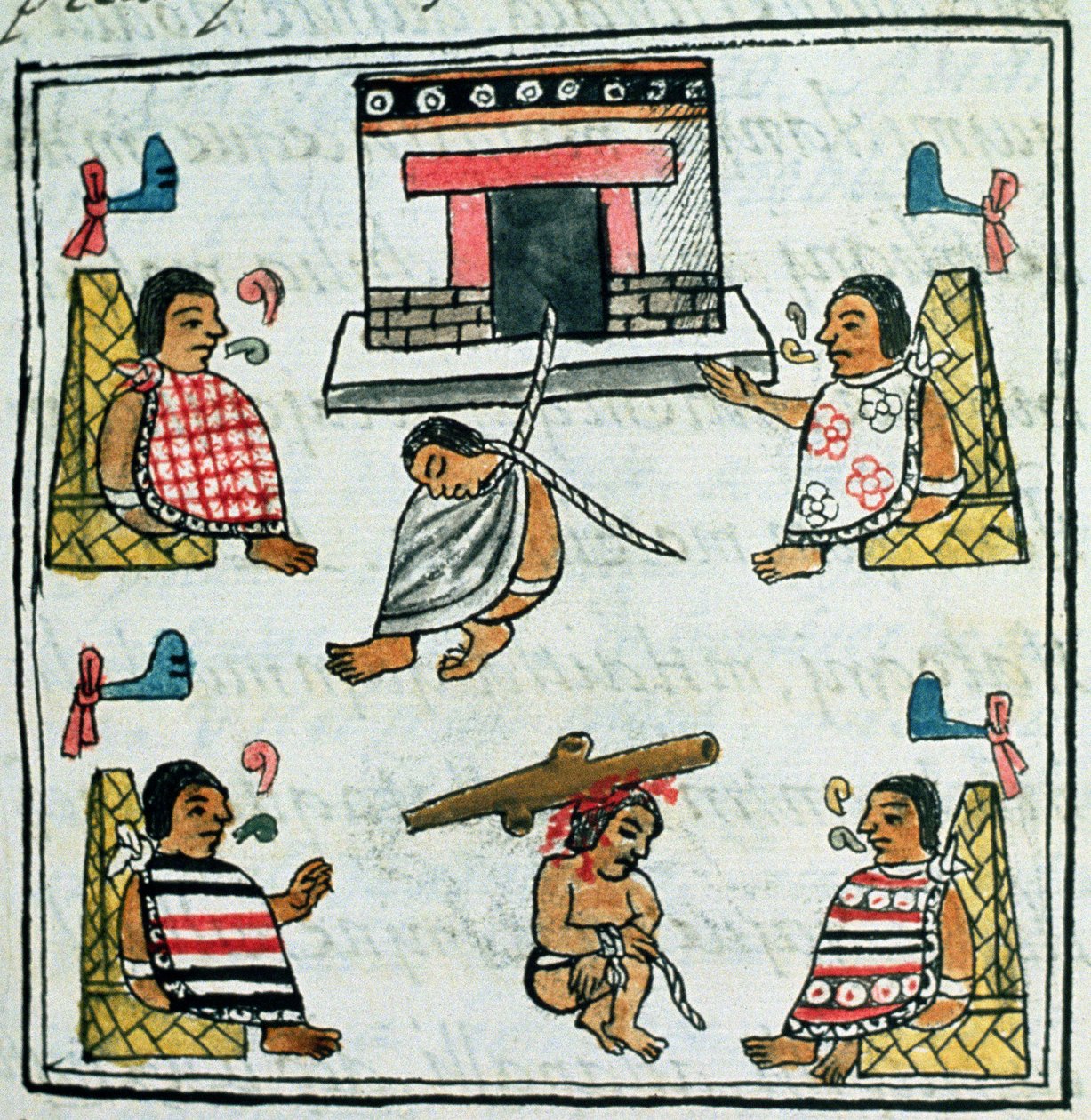 neiti Palat. 218-220 Kirja IX Tuomio ja rangaistus atsteekkien valtakunnassa, Bernardino de Sahagunin "Florentinan koodeksista" n. 1540-85 tekijältä Spanish School