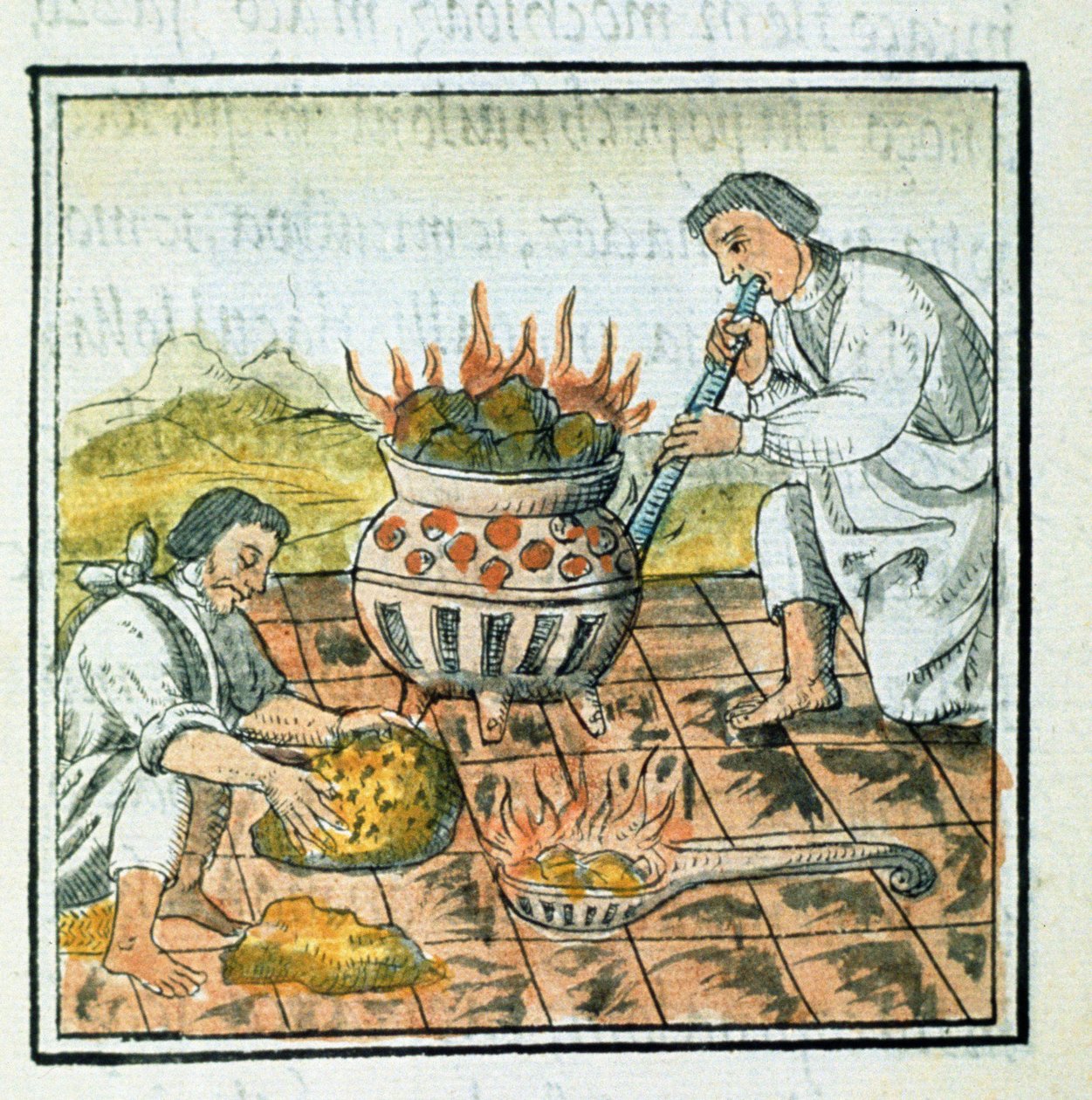 rouva Palat. 218-220 Kirja IX Kullan sulatus ja valu atsteekkien valtakunnassa Bernardino de Sahagunin "Florentinan koodeksista" n. 1540-85 tekijältä Spanish School