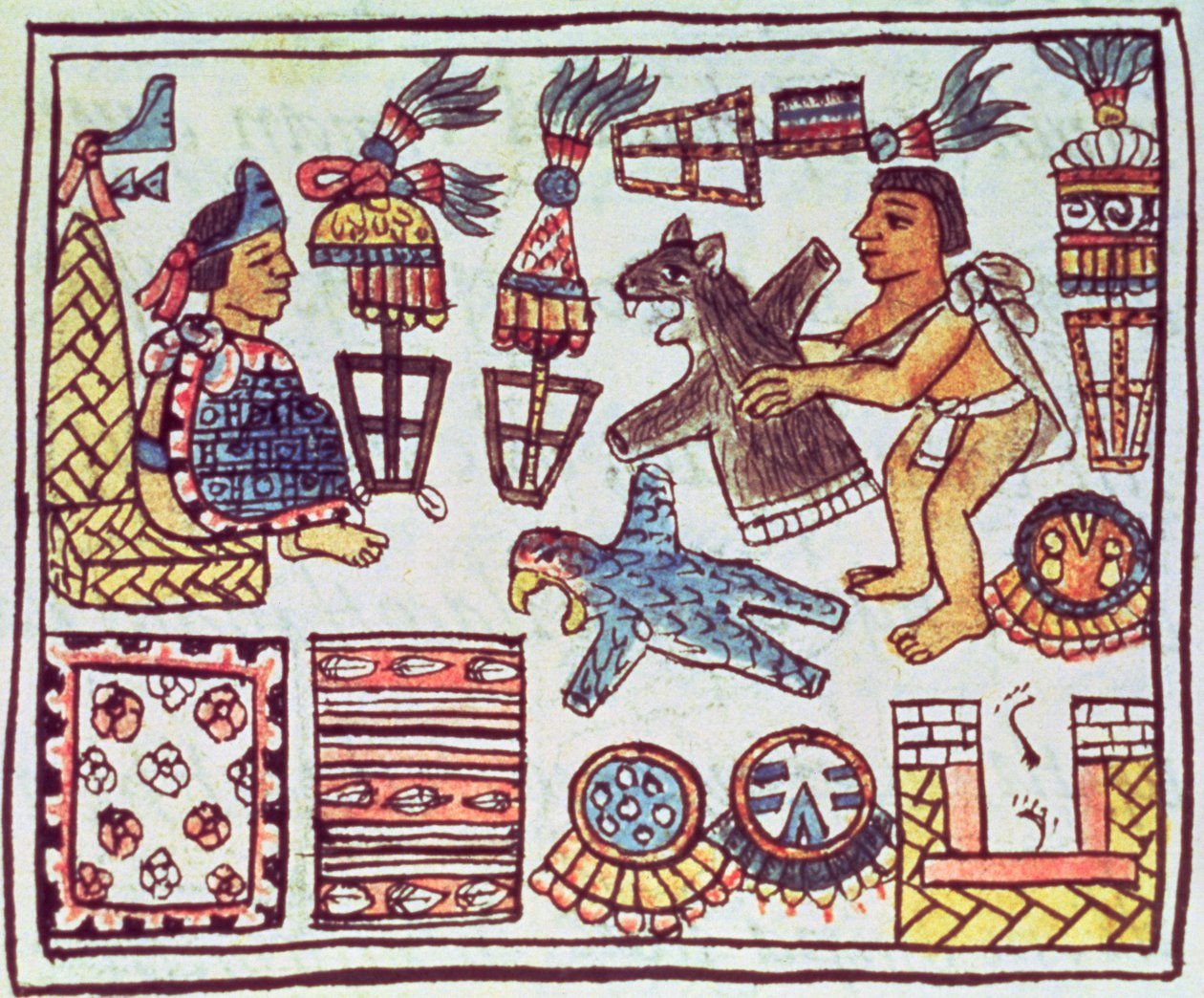 Ms Palat. 218-220 Kirja IX Montezuma II (1466-1520) vastaanottaa kunnianosoituksia, Bernardino de Sahagunin "Florentiinalaisesta koodeksista", n. 1540-85. tekijältä Spanish School