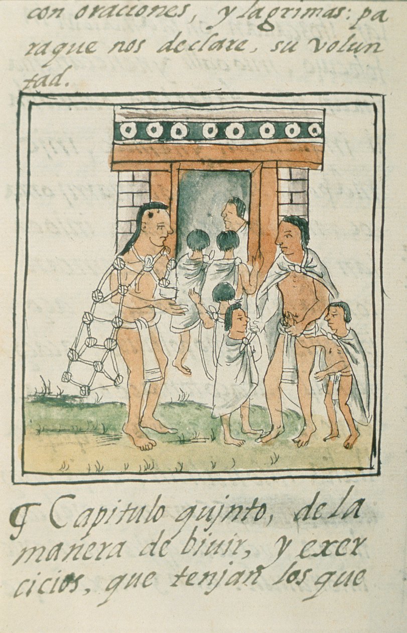 Ms Palat. 218-220 Kirja IX Nuoret lapset astumassa taloon, Bernardino de Sahagunin Florentiinalaisesta koodeksista, noin 1540-85. tekijältä Spanish School
