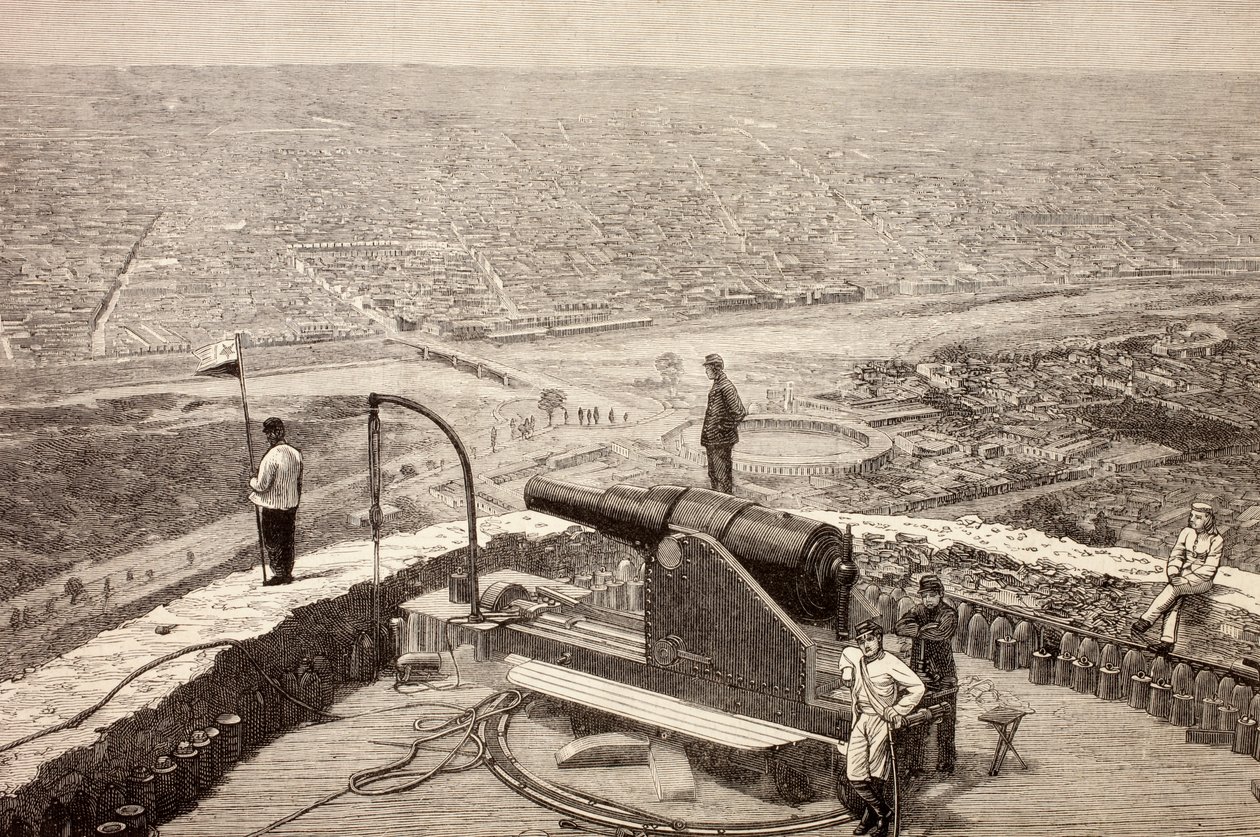 Kokonaisnäkymä Limaan, Perussa, San Cristobalin linnoituksesta noin 1880-luvulla, La Ilustracion Espanola y Americanasta vuodelta 1881 tekijältä Spanish School