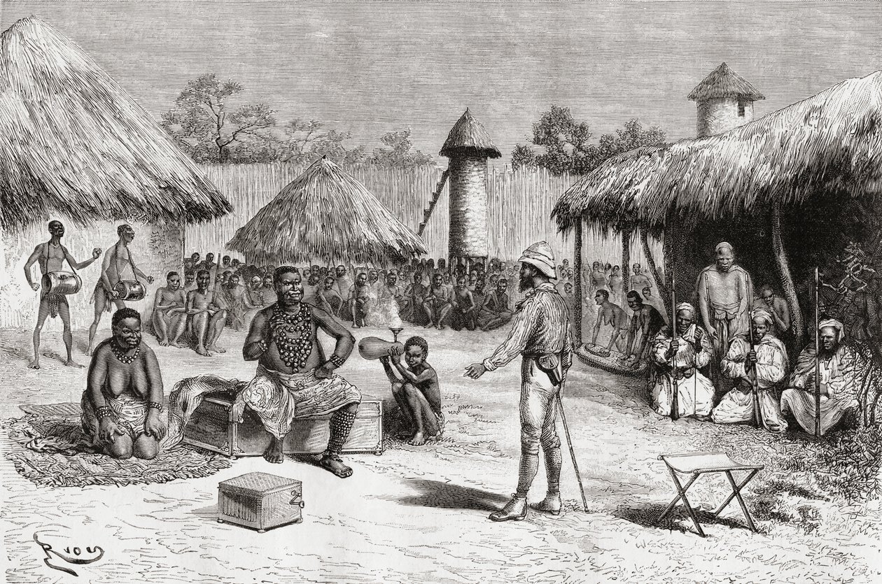 Vastaanotto tutkimusmatkailija Pietro Paolo Savorgnan di Brazzalle päällikkö Ketimkurun talossa Uembassa, Keski-Afrikassa, "Africa Pintoresca", julkaistu 1888 tekijältä Spanish School