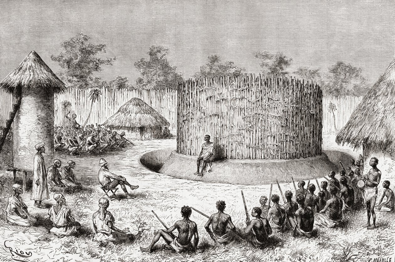 Vastaanotto tutkimusmatkailija Pietro Paolo Savorgnan di Brazzalle Chief Mkewen kylässä Tansaniassa, "Africa Pintoresca", julkaistu 1888 tekijältä Spanish School