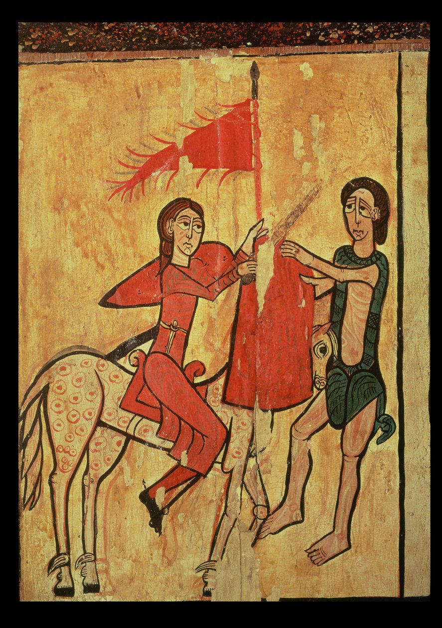 Pyhä Martin ja kerjäläinen, yksityiskohta Sant Marti de Puigbon alttariprontaalista, Gombren (tempera paneelille). tekijältä Spanish School