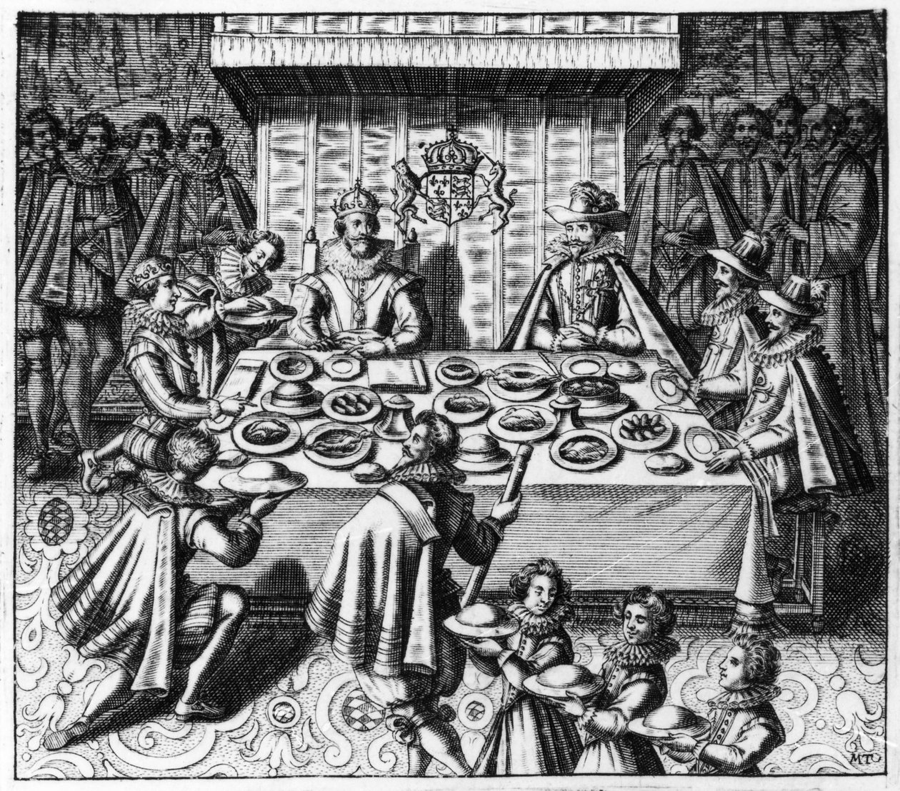 Espanjan suurlähettiläs ruokailee Englannin kuninkaan James I:n kanssa, n. 1620-25 tekijältä Spanish School
