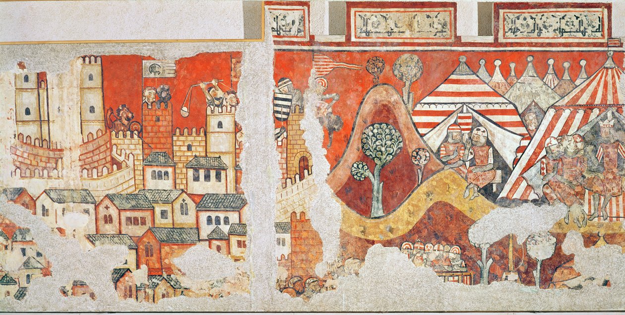 James I:n, Aragonian kuninkaan, kuninkaallinen leiri Mallorcan piirityksen aikana vuonna 1229, yksityiskohta Palacio Aguilarin seinämaalauksista, 1280 tekijältä Spanish School