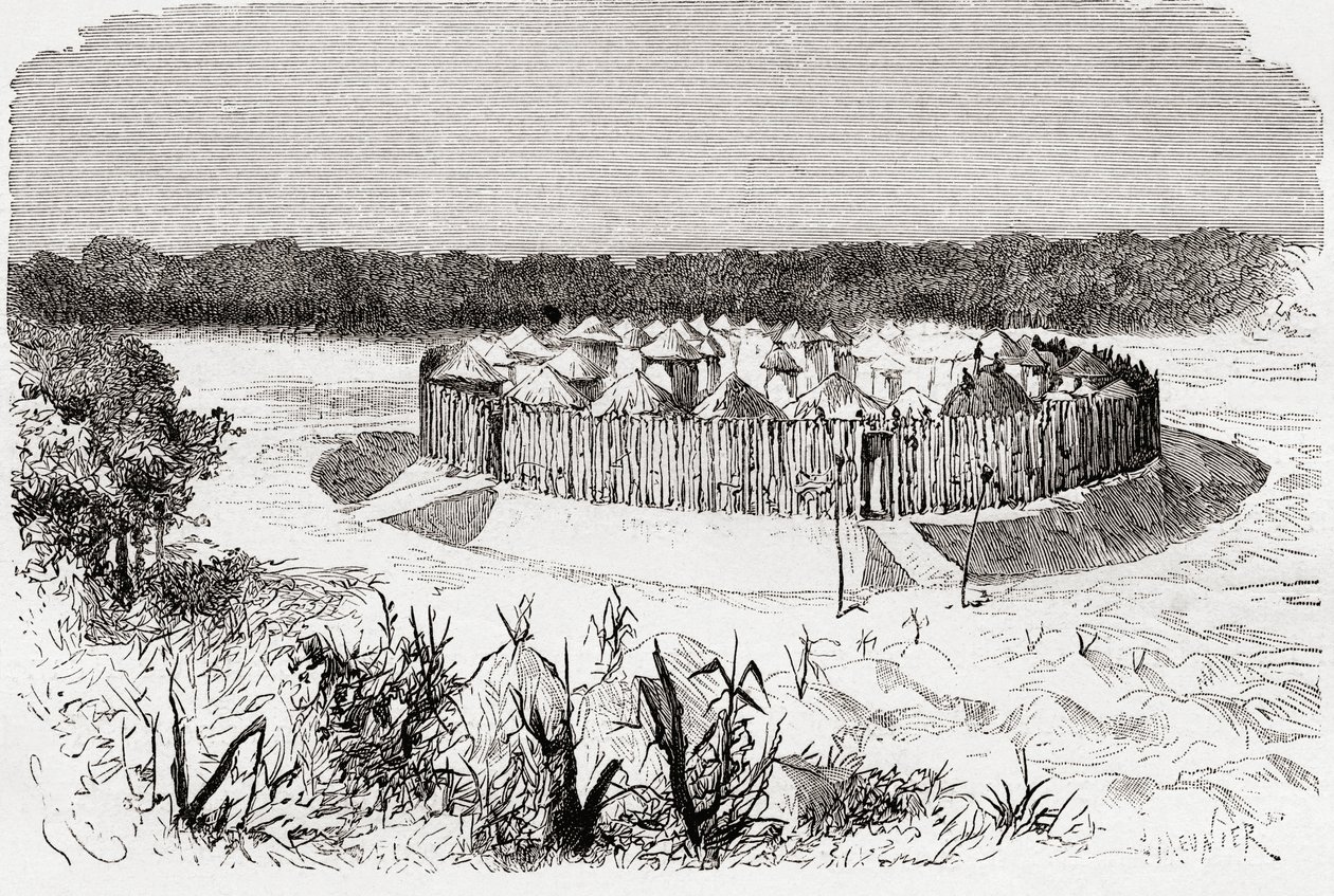 Combo-Combon kylä, Keski-Afrikka, "Africa Pintoresca", julkaistu 1888 tekijältä Spanish School
