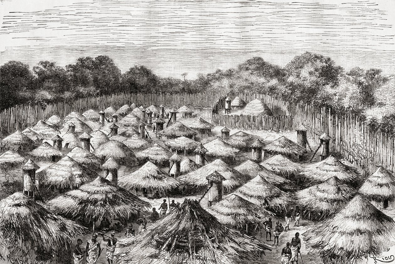Kiwanan kylä Tansaniassa sellaisena kuin se oli 1800-luvun lopulla, "Africa Pintoresca", julkaistu 1888 tekijältä Spanish School