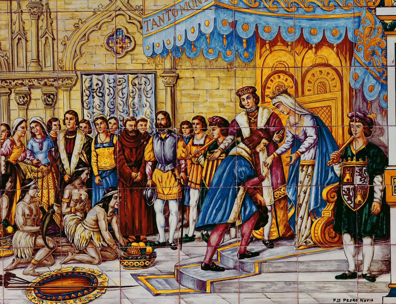 Laatat, jotka kuvaavat Kristoffer Kolumbuksen vastaanottoa katolisten kuninkaiden, Aragonian Ferdinandin ja Kastilialaisen Isabellan vastaanottoa Barcelonassa hänen palattuaan Amerikasta vuonna 1492 tekijältä Spanish School
