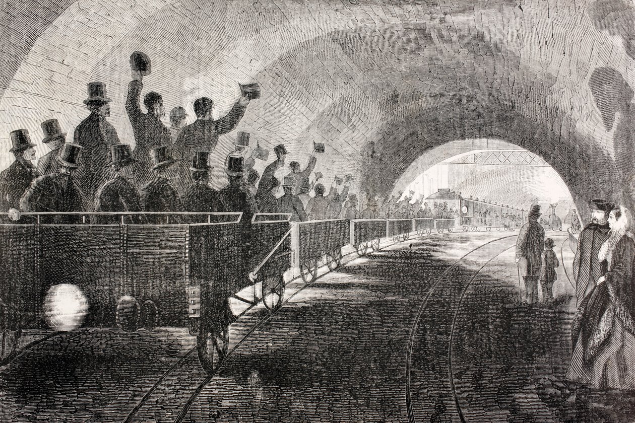 Junan koeajo Lontoon metrossa vuonna 1862, The Universal Museumista, julkaistu 1862 tekijältä Spanish School