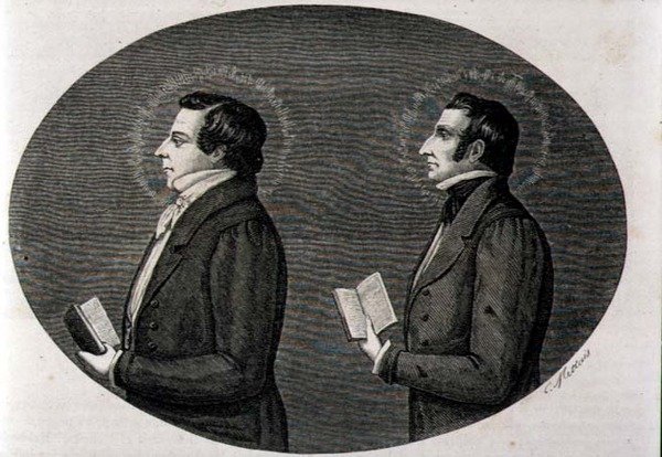 (LtoR) Joseph Smith (1805–1844), mormonikirkon perustaja ja hänen veljensä Hyrum, Mardridissa julkaistusta La Vuelta al Mundosta tekijältä Spanish School