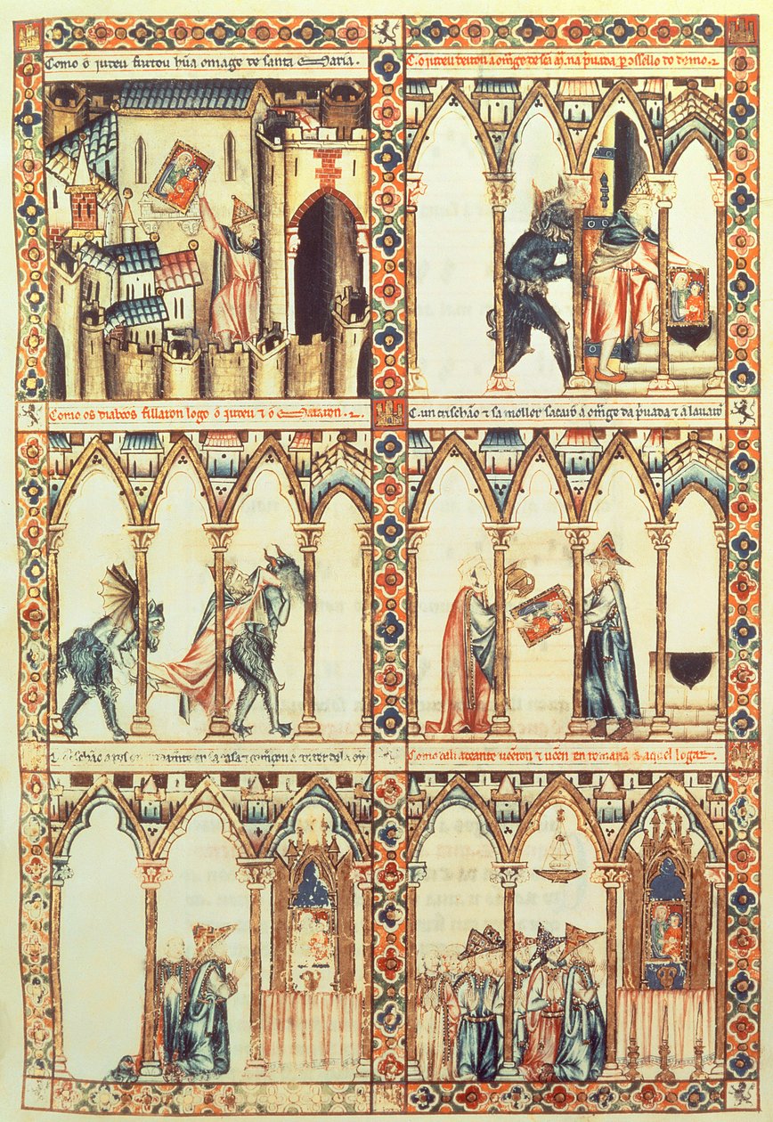 102-0002738 T.I.I. Cantiga 34, kuvitus "Cantigas de Santa Mariasta", tehty Alfonso X:n ("Viisas") Kastilian ja Leonin kuninkaan (1221-84) johdolla (vellum) (katso myös 68647) tekijältä Spanish School