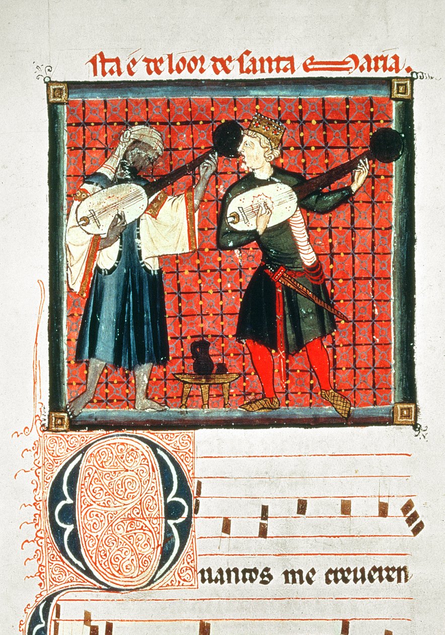 124-0633321/1 Luuttoa soittava mauri ja kristitty, miniatyyri Alfonso X:n "Viisaiden" Cantigas-musiikkikirjassa (1221-84) (vellum) tekijältä Spanish School