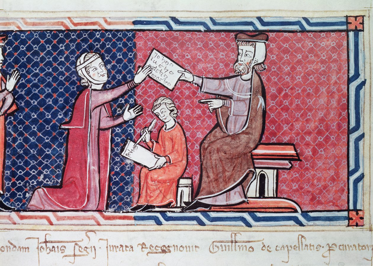 Nainen vannomassa valan Mallorcan kuningas Jaakob I:n (1207–1276) edessä, yksityiskohta tuomarista, naisesta ja kirjurista, Capbreu de Clayra et de Millasista, 1292 (yksityiskohta vuodelta 181839) tekijältä Spanish School