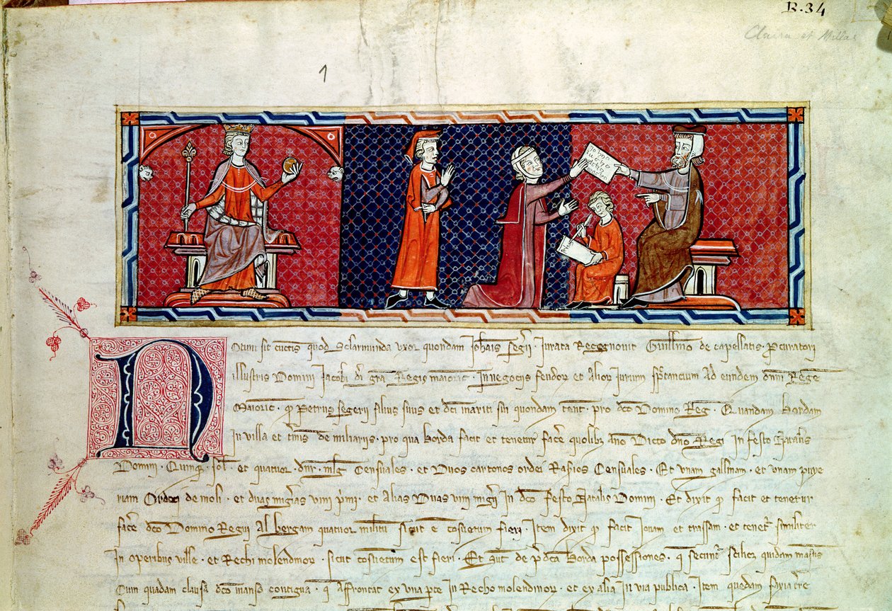 Nainen vannomassa valan Mallorcan kuningas Jaakob I:n (1207–1276) edessä Capbreu de Clayra et de Millasista, 1292 tekijältä Spanish School