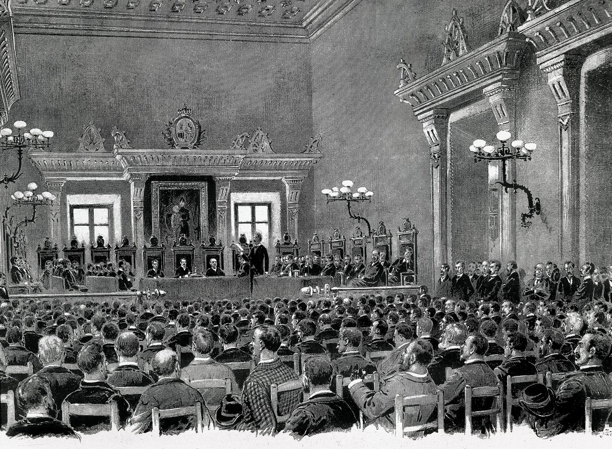 Katalonian nationalistien kokoontuminen kokoontui Manresan kaupungintaloon laatimaan 16 perustaa Katalonian alueellisen perustuslain palvelemiseksi vuonna 1892. Piirustus Jaume Pahissa. tekijältä Spanish School
