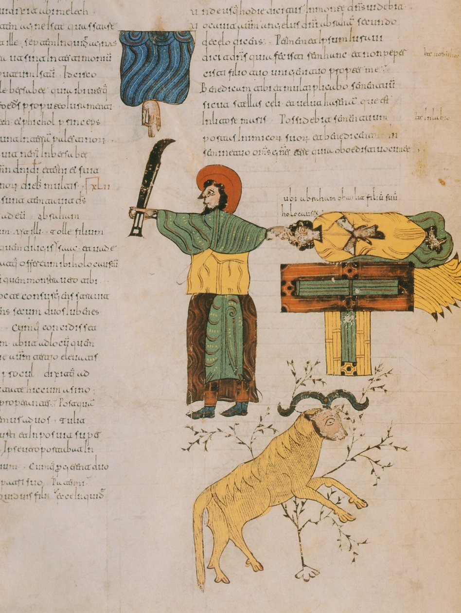 Aabraham uhraamassa poikansa Iisakin visigoottilais-mozarabialaisesta Pyhän Isidoreksen Raamatusta, jKr. 960 (tempera perikalla) tekijältä Spanish School