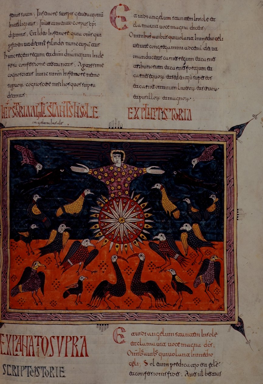 Lisää 11695 fol.197 Enkeli seisoo auringossa, Santo Domingo de Silosin Beatus-apokalypsista tekijältä Spanish School