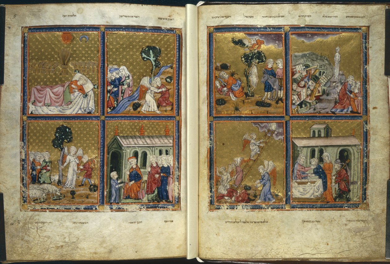 Lisätä. 27210, f.4v-5 kohtauksia Genesiksen julkaisusta "The Golden Haggadah" (mustetta, väriä ja kultaa perunakalvolla) tekijältä Spanish School