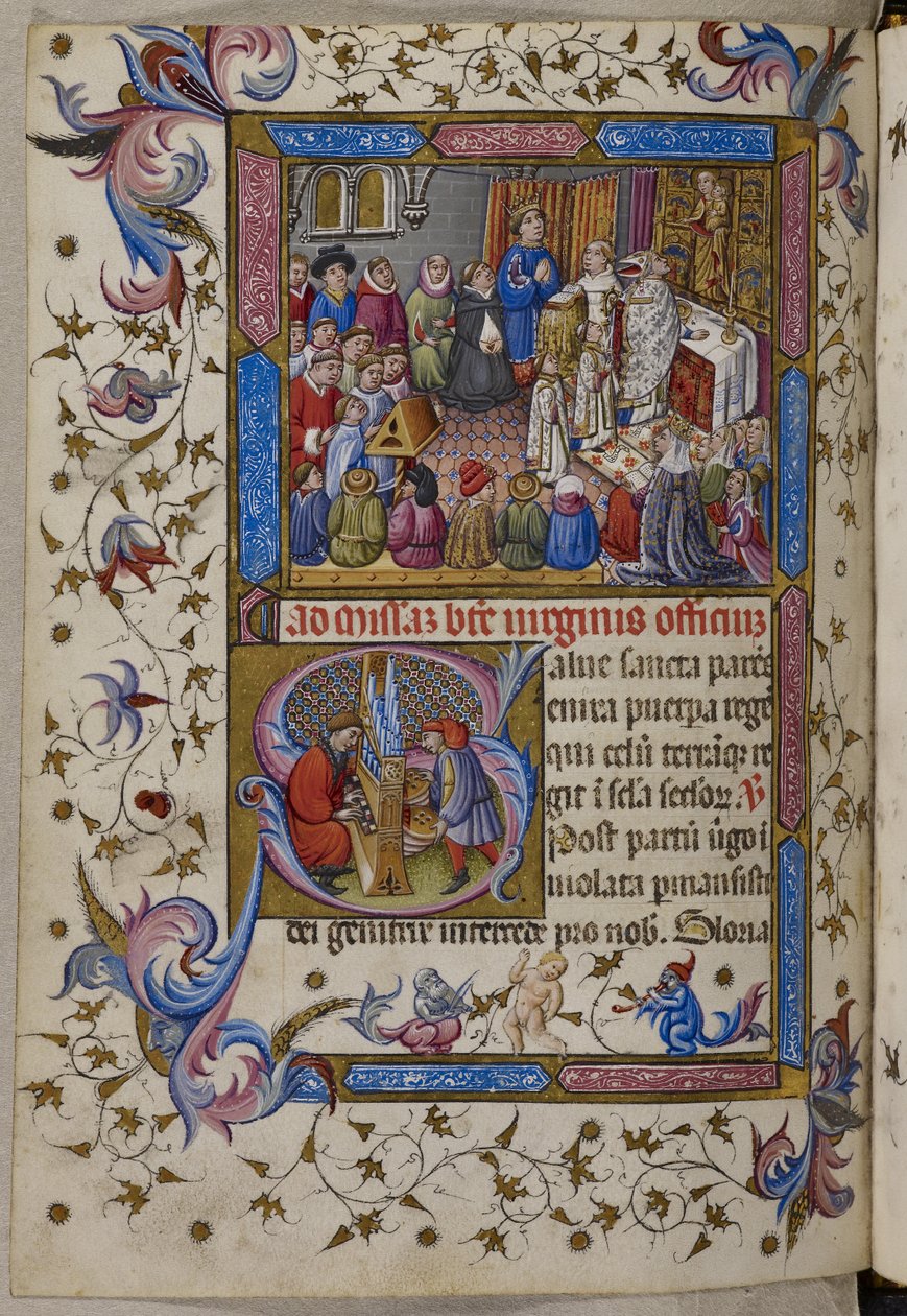 Lisätä. 28962, f.281v, Alfonso V osallistuu messuun, Psalter ja Hours of Alfonso V of Aragon. n. 1442 (vellum) tekijältä Spanish School