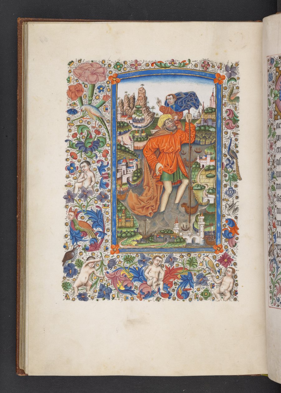 Lisää MS 50004 f.64v Saint Christopher, joka kantaa Kristus-lapsia, "Tuntien kirja" (mustetta, väriä ja kultaa perunakalvolla) tekijältä Spanish School