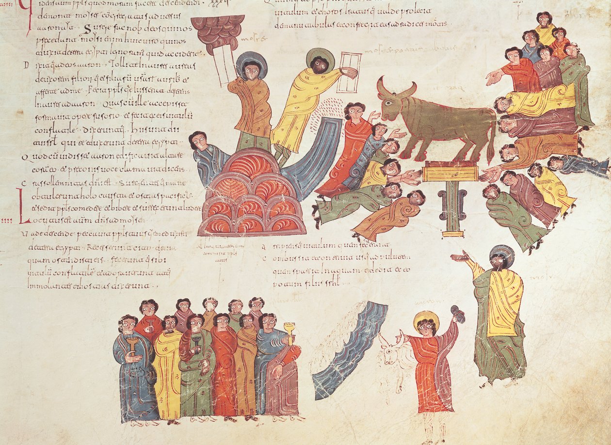 Kultaisen vasikan jumalointi, visigootti-mosarabialainen Pyhän Isidores-Raamattu, fol.46r., jKr. 960 (tempera perunakalvolla) tekijältä Spanish School