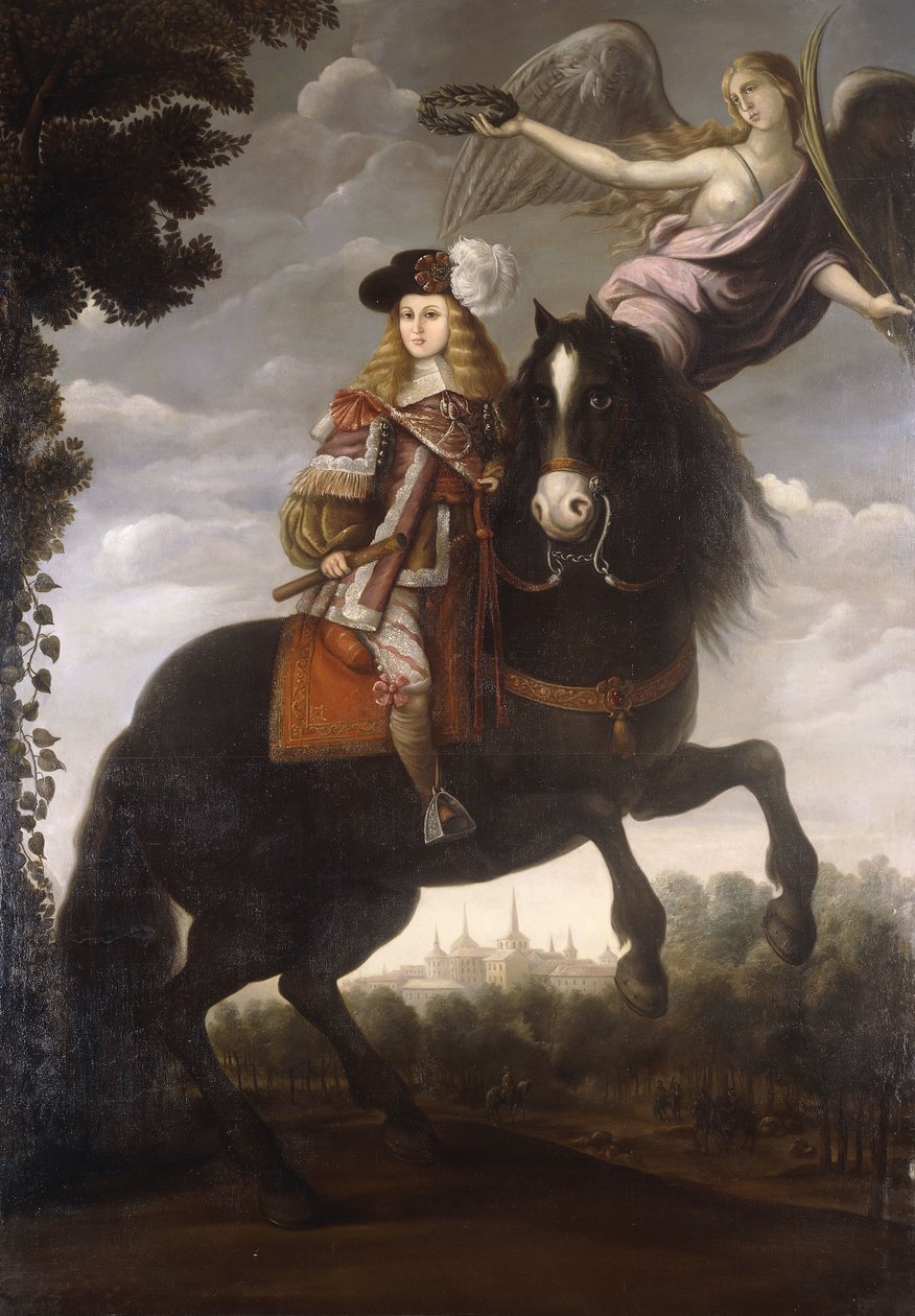 Kuningas Kaarle II:n ratsastusmuotokuva, täyspitkä punaisessa takissa, jossa on valkoinen koriste, jonka enkeli kruunasi laakerilla, Madrid kaukaisessa, n. 1685 tekijältä Spanish School