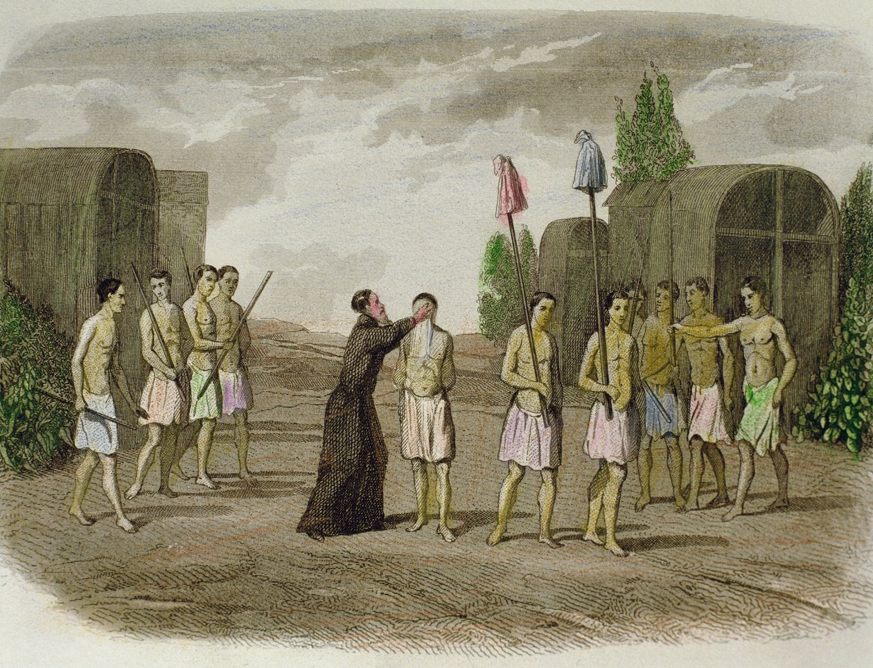 Jesuiittapappi kastaa Tupinamba-heimon alkuperäiskansan orjan lähellä Bahiaa vuonna 1550 tekijältä Spanish School