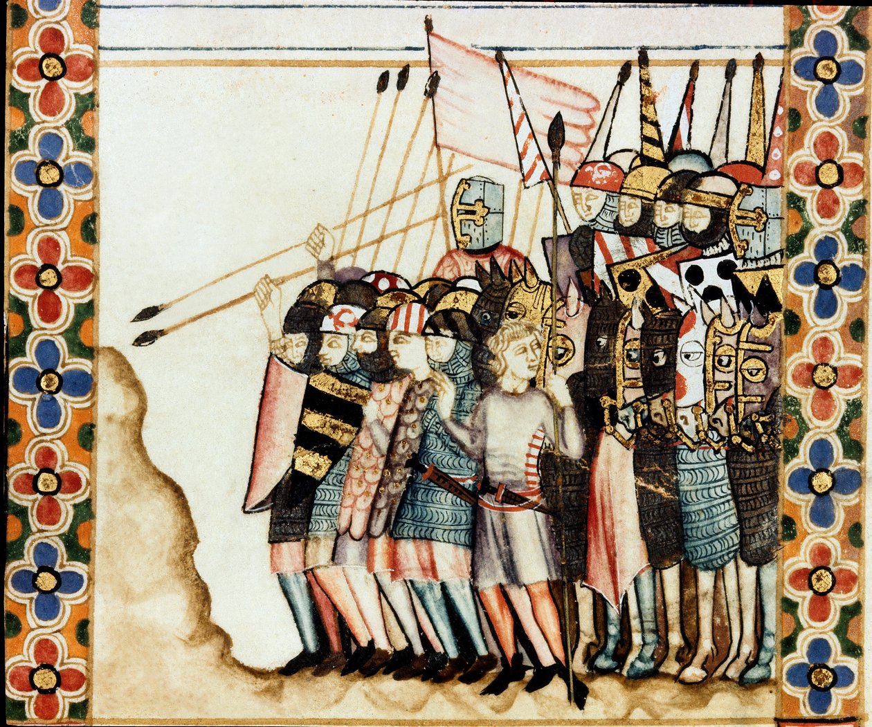 Armee des croises Yksityiskohta sivusta, joka on otettu Pyhän Marian laulun (Cantigas de Santa Maria) käsikirjoituksesta, koristelemalla Pyhälle Marialle ja hänen ihmeilleen omistettuja miniatyyrejä, kokoelma lauluja, jotka ovat redige Alfonso X viisaan ha tekijältä Spanish School
