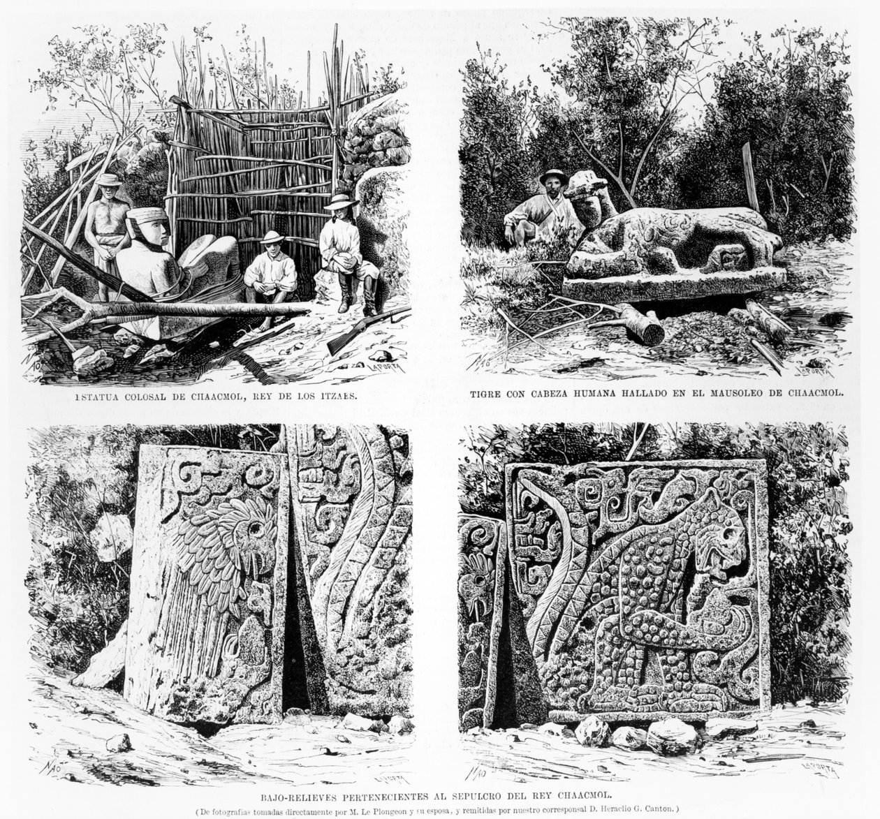 Augustus Le Plongeonin Chichen Itzasta löytämät esineet, kuvitus La Ilustracion Espanola y Americanasta vuodelta 1877 tekijältä Spanish School