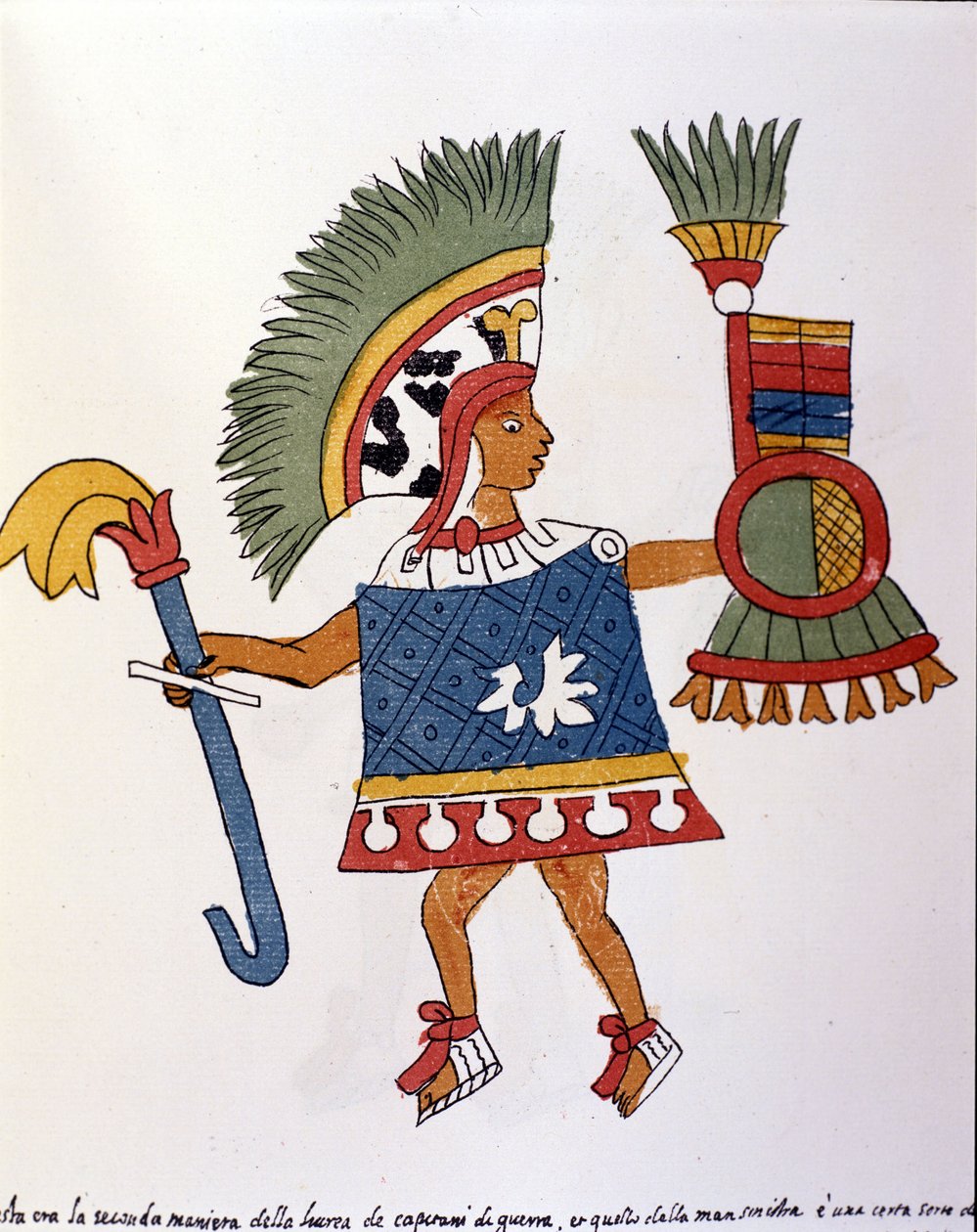 Atsteekkien soturi Codex Vaticanus 3738:ssa (Codex Vat. Rios). Faksimile dominikaanisen Pedro de los Riosin käsikirjoituksesta vuosina 1570–1589, Bibl. Vatikaani. tekijältä Spanish School
