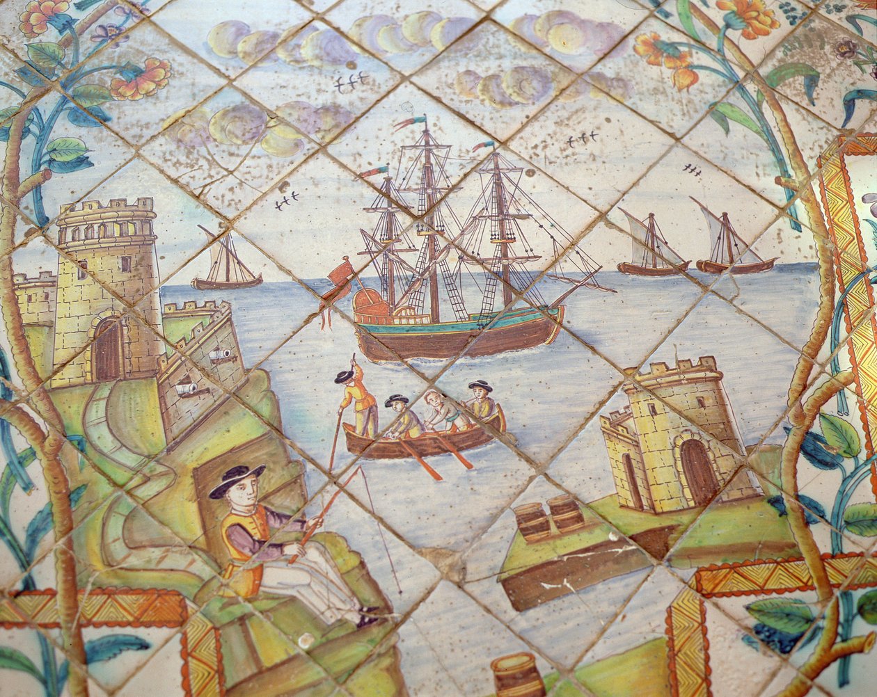 Azulejos-laatat, jotka kuvaavat satamaa laivoineen (keraamiset) tekijältä Spanish School