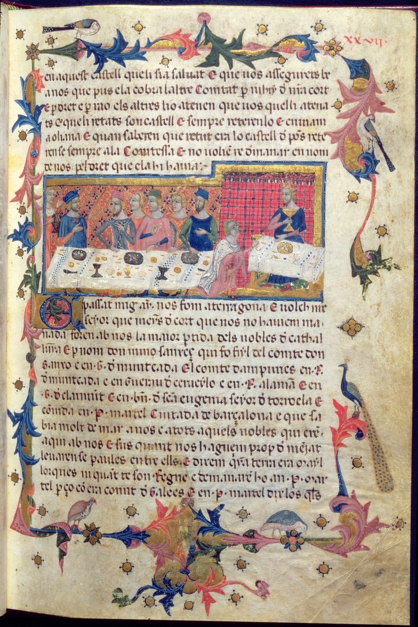 Isä Martell piti Jaakob I:lle (1208–1276) Tarragonassa vuonna 1228 Baleaarien valloittamisesta sovitun juhlan, kirjasta "Libre dels Feits" (vellum) (katso myös 113569) tekijältä Spanish School