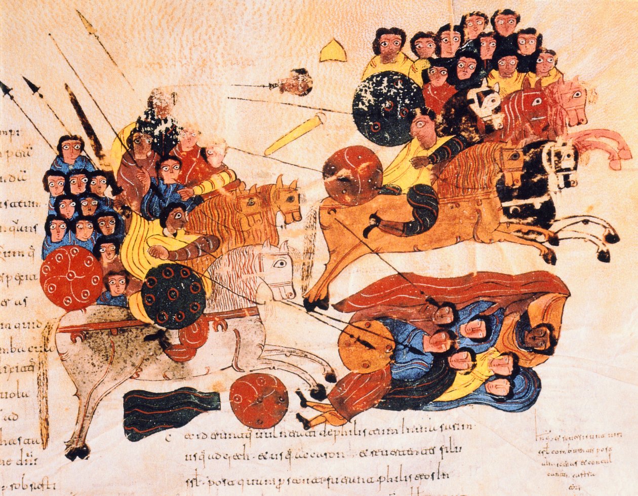 Taistelu heprealaisten ja filistealaisten välillä, visigootti-mozarabialainen Pyhän Isidores-Raamattu, fol.119r., A.D. 960 (tempera vellum) tekijältä Spanish School