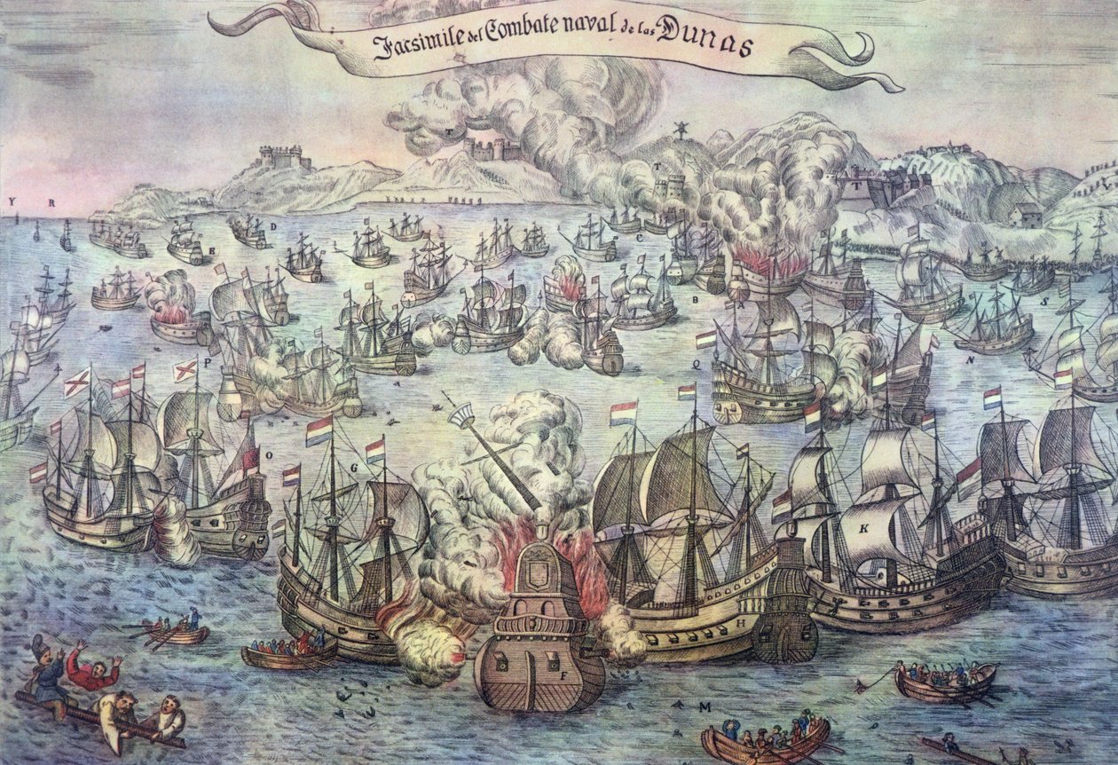 Alamäkien taistelu, 21. lokakuuta 1639 (värillinen kaiverrus) tekijältä Spanish School