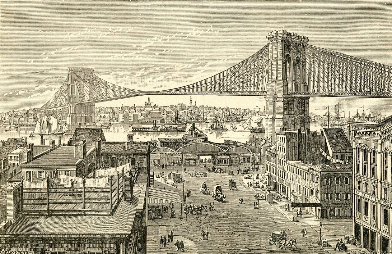 Brooklyn Bridge, New York, Yhdysvallat 1800-luvulla. El Museo Popular -julkaisusta Madrid tekijältä Spanish School