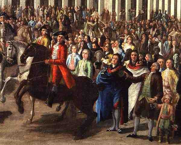 Kaarle III (1685-1740) Saapumassa Madridiin Plaza Mayorilta tekijältä Spanish School