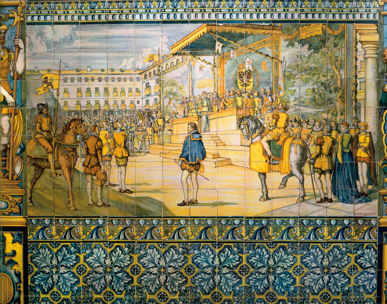 Juhlat Valladolidissa espanjalaisen Filip II:n kunniaksi toukokuussa 1559. Talaveran koulun laatat Pimentel-suvun palatsissa Valladolidissa. tekijältä Spanish School