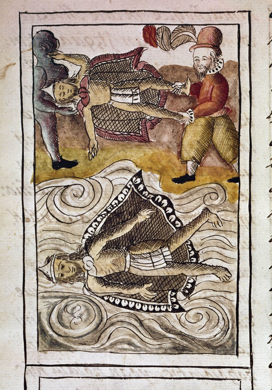 Meksikon valloitusta koskeva koodeksi: Itzquauhtzinin ja Montezuman eli Moctezuma II:n eli atsteekkien keisarin (1466-1520) ruumiit, jotka espanjalaiset heittävät ulos palatsista. tekijältä Spanish School