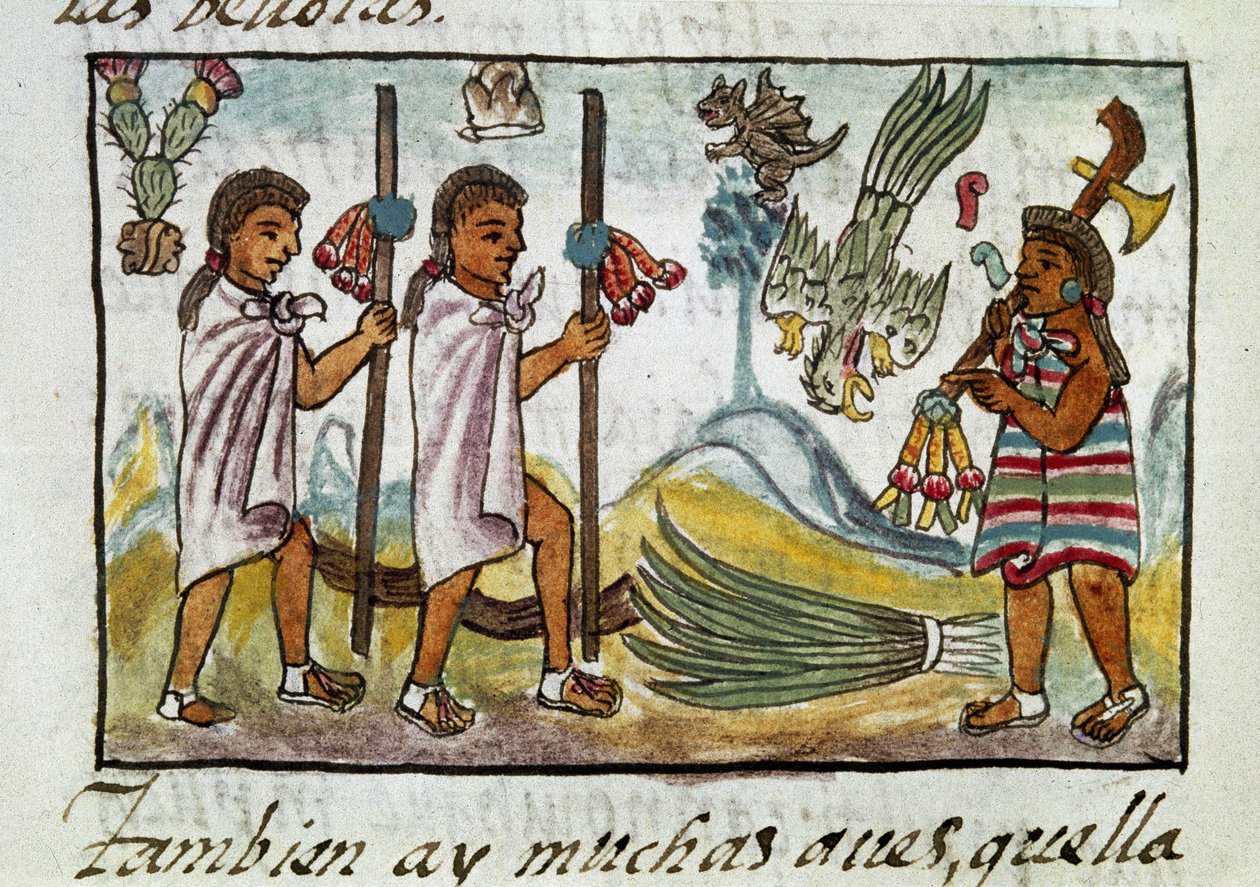 Meksikon valloitusta koskeva koodeksi: Tzinacantlaniin naamioituneet kauppiaat. Pienennös Bernardino de Sahagunin firenzeläisestä käsikirjoituksesta "Storia degli Aztechi" (Atsteekkien historia). tekijältä Spanish School