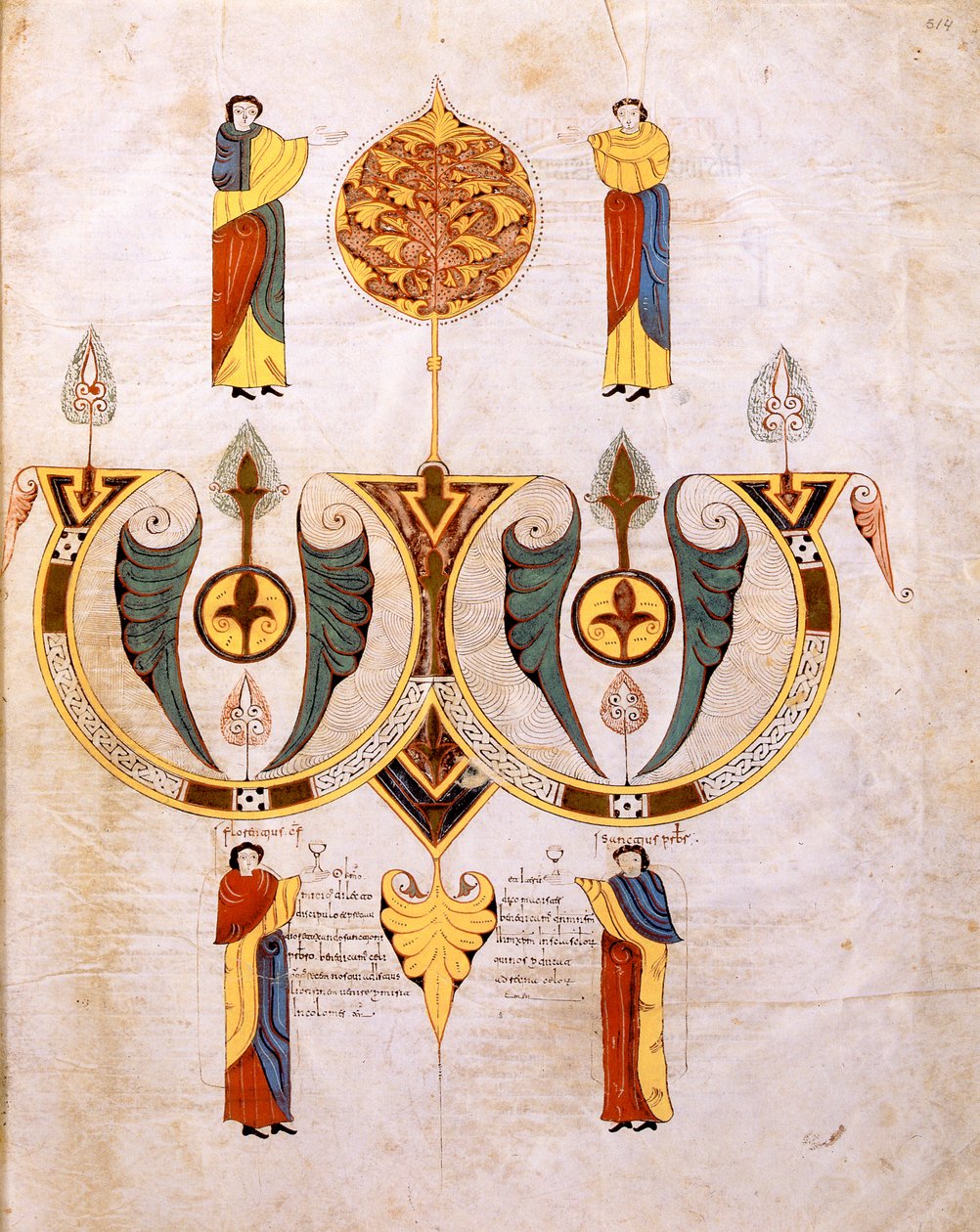 Pyhän Isidoreksen visigootti-mozarabialaisen Raamatun kolofoni, jossa on muotokuvia kahdesta miniaturistista, Florenciosta ja Sanchosta, fol.514r., A.D. 960 (tempera vellum) tekijältä Spanish School