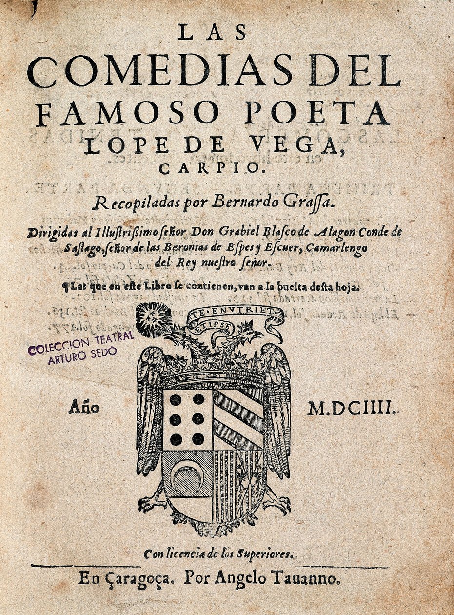 Kansi kuuluisan runoilijan Lope de Vegan komediasta, kirjoittanut Felix Lope de Vega Carpio (1562-1635), painos 1604 (painettu monografia) tekijältä Spanish School