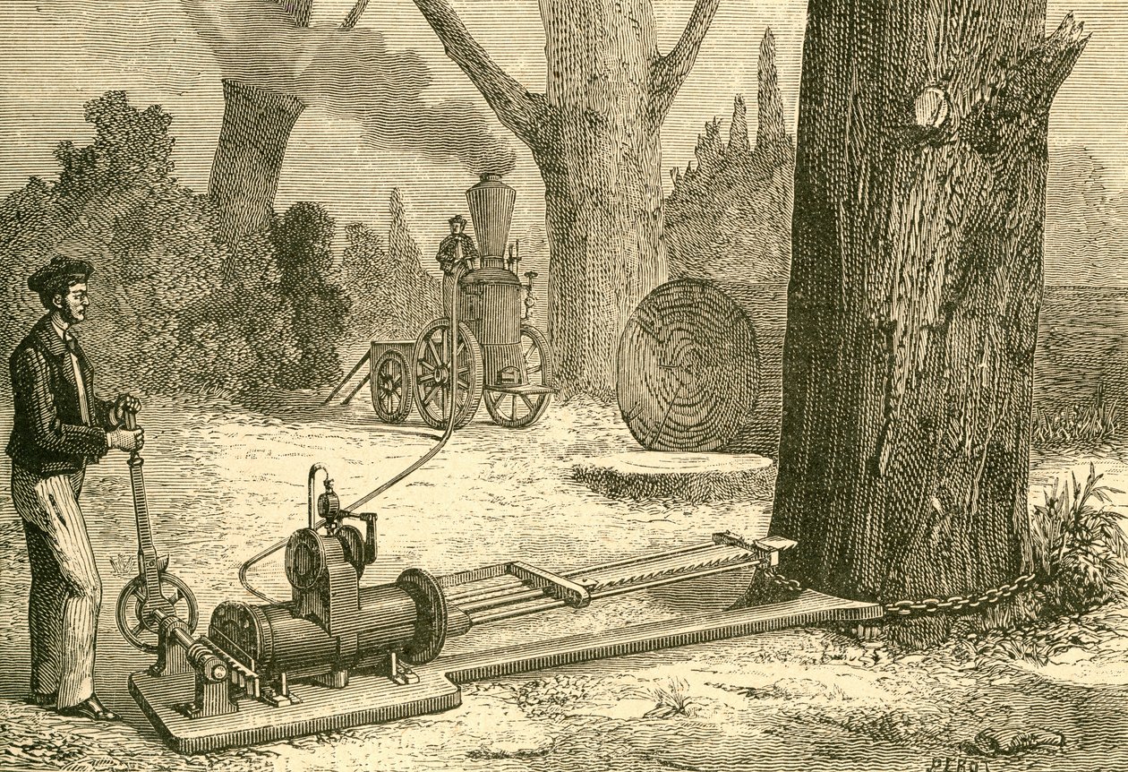 Puiden katkaisu höyrykoneilla 1800-luvun lopulla. El Museo Popular -julkaisusta Madrid tekijältä Spanish School
