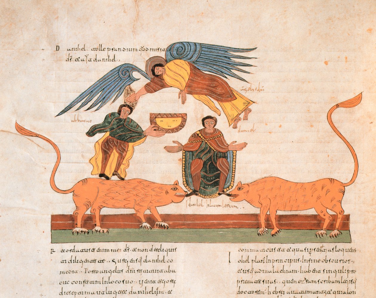 Daniel leijonien luolassa, visigootti-mozarabialainen Pyhän Isidores-Raamattu, fol.325v., jKr 960 (tempera vellum) tekijältä Spanish School