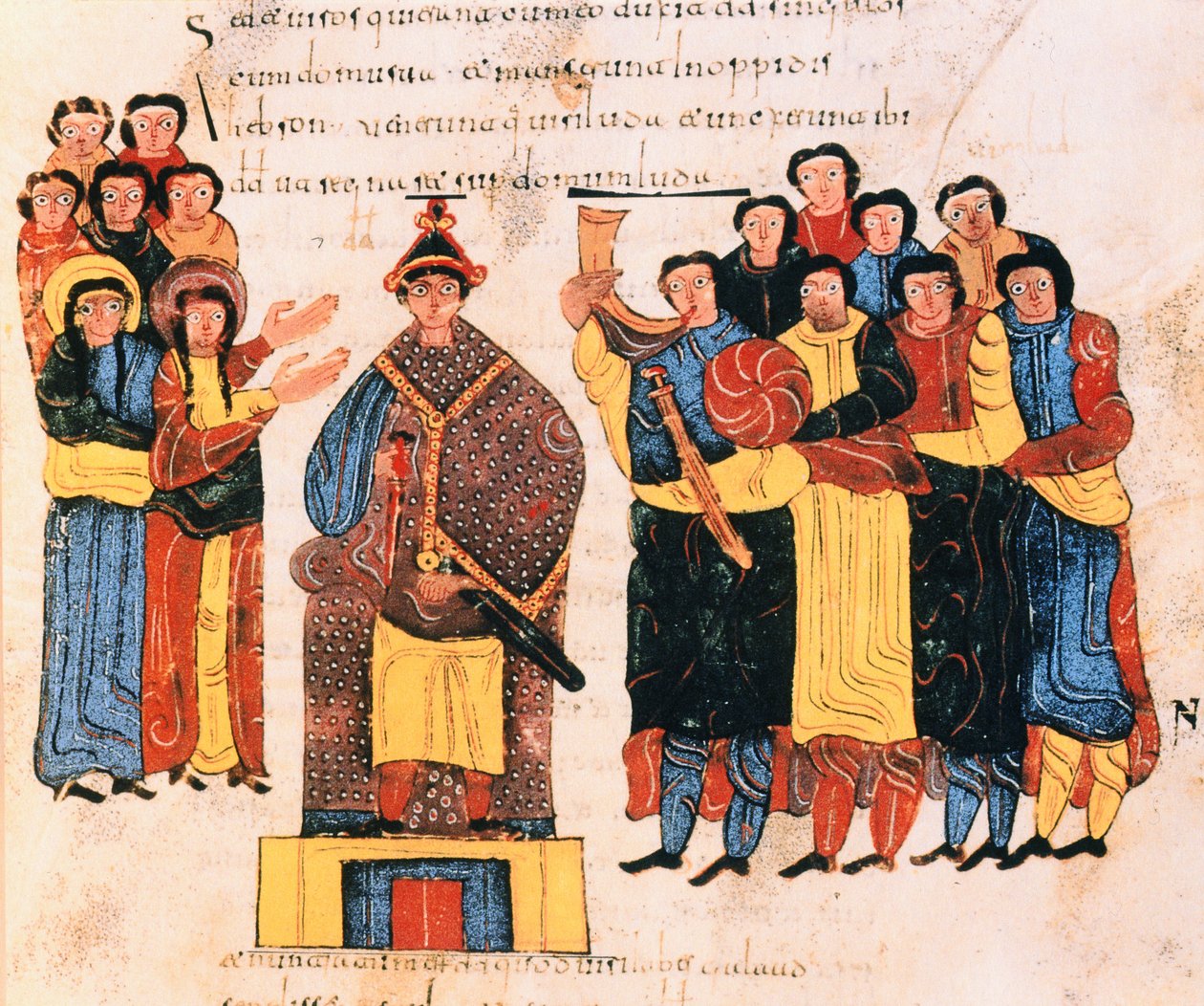 Daavid on julistettu kuninkaaksi Juudan kansan edessä, visigoottilais-mosarabialaisen Pyhän Isidoren Raamatun mukaan, fol.125r., A.D. 960 (tempera on vellum) tekijältä Spanish School
