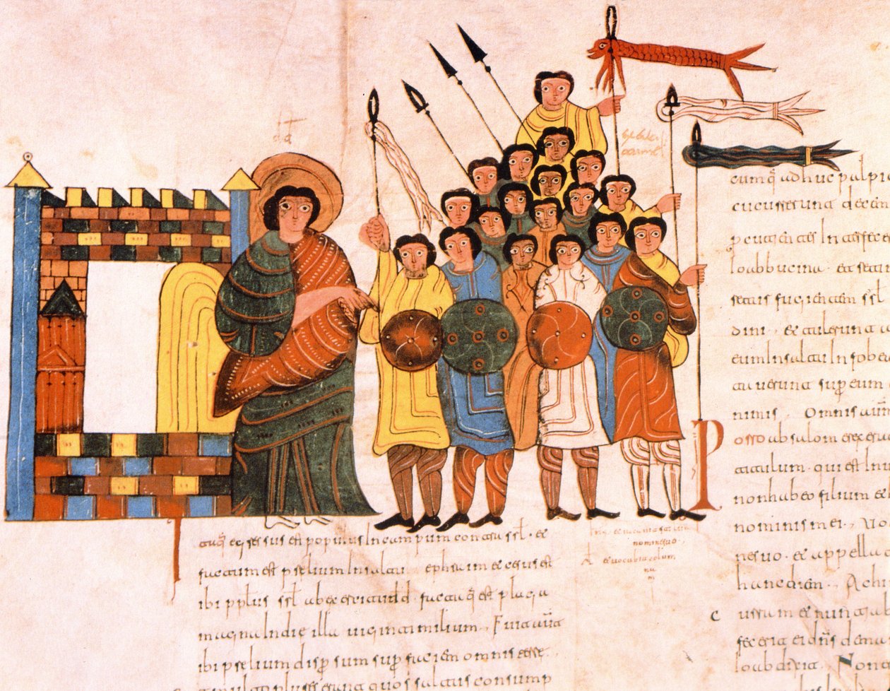 Kuningas Daavidin armeijan lähtö sotaan, Visigootti-Mozarabilainen Pyhän Isidores Raamattu, fol.131v., A.D. 960 (tempera on vellum) tekijältä Spanish School