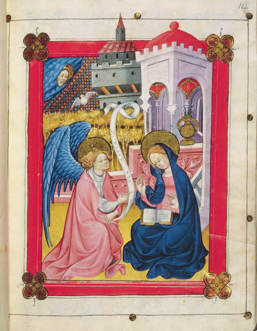 Esim. 2653 f.14 Ilmoitus, teoksesta Hours of the Blessed Virgin Mary (vellum) tekijältä Spanish School