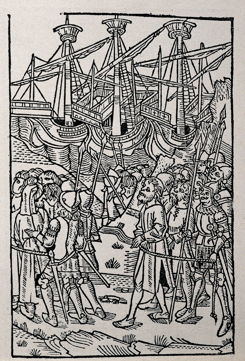 Kaiverrus Vespasianuksen historiassa, painettu vuonna 1495 Zaragozassa (mustavalkokuva) tekijältä Spanish School